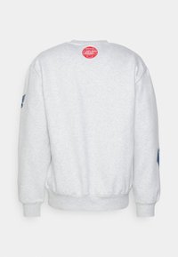 Lichtgrijze sweatshirt met een ronde hals. Heeft een rood logo op de achterkant en blauwe accenten op de mouwen. Zachte, gestructureerde stof.