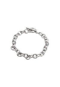 Bracciale in argento con anelli ovali intrecciati e chiusura a linguetta. Texture metallica liscia con finitura lucida.