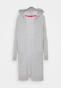 Lichtgrijze cardigan met een capuchon, lange mouwen, zijzakken en geribbelde mouwen. Zachte textuur met een open voorontwerp.
