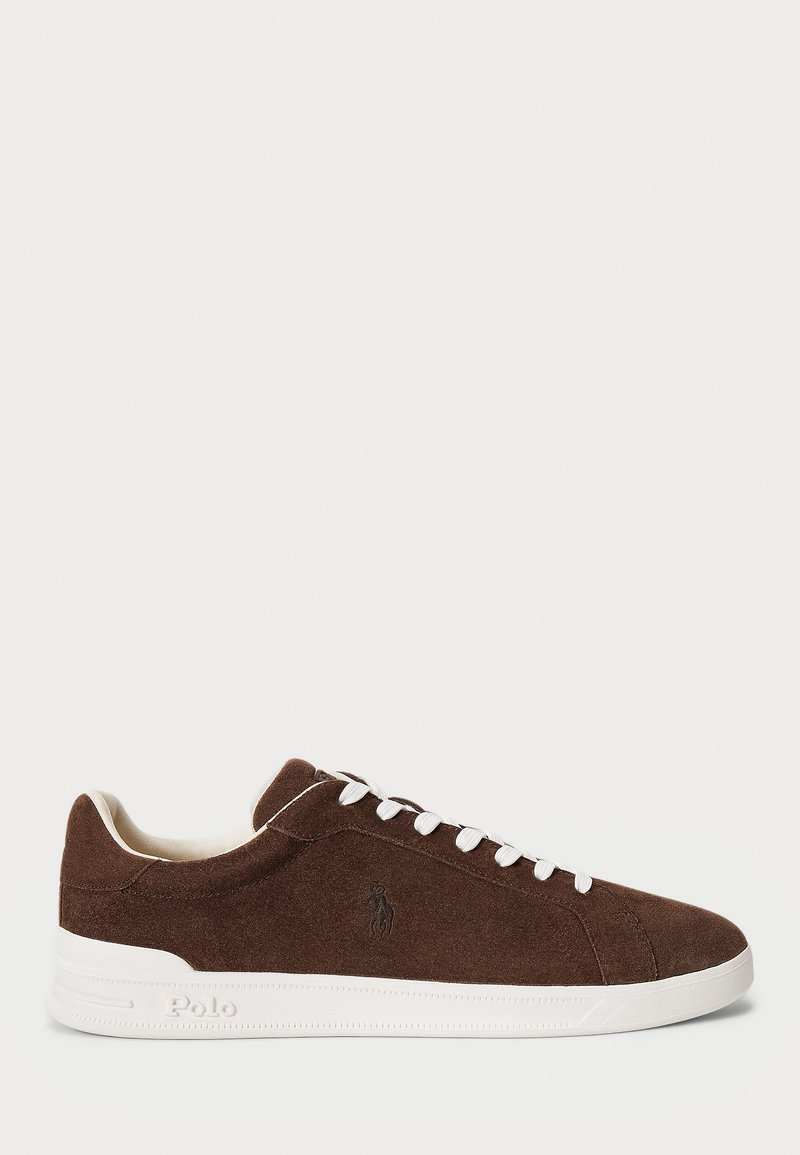 Brown suede low-top sneaker with white rubber sole, white laces, and embroidered Polo logo on the side.