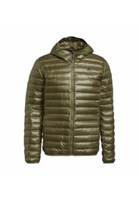 Veste à capuche matelassée en vert olive. Présente un design matelassé, une fermeture éclair et un logo discret sur la poitrine. Texture lisse et brillante.
