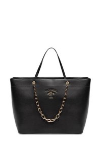 Černá kožená taška typu tote se dvěma držadly a zlatým řetízkovým detailem, na přední střední části je malé zlaté logo.