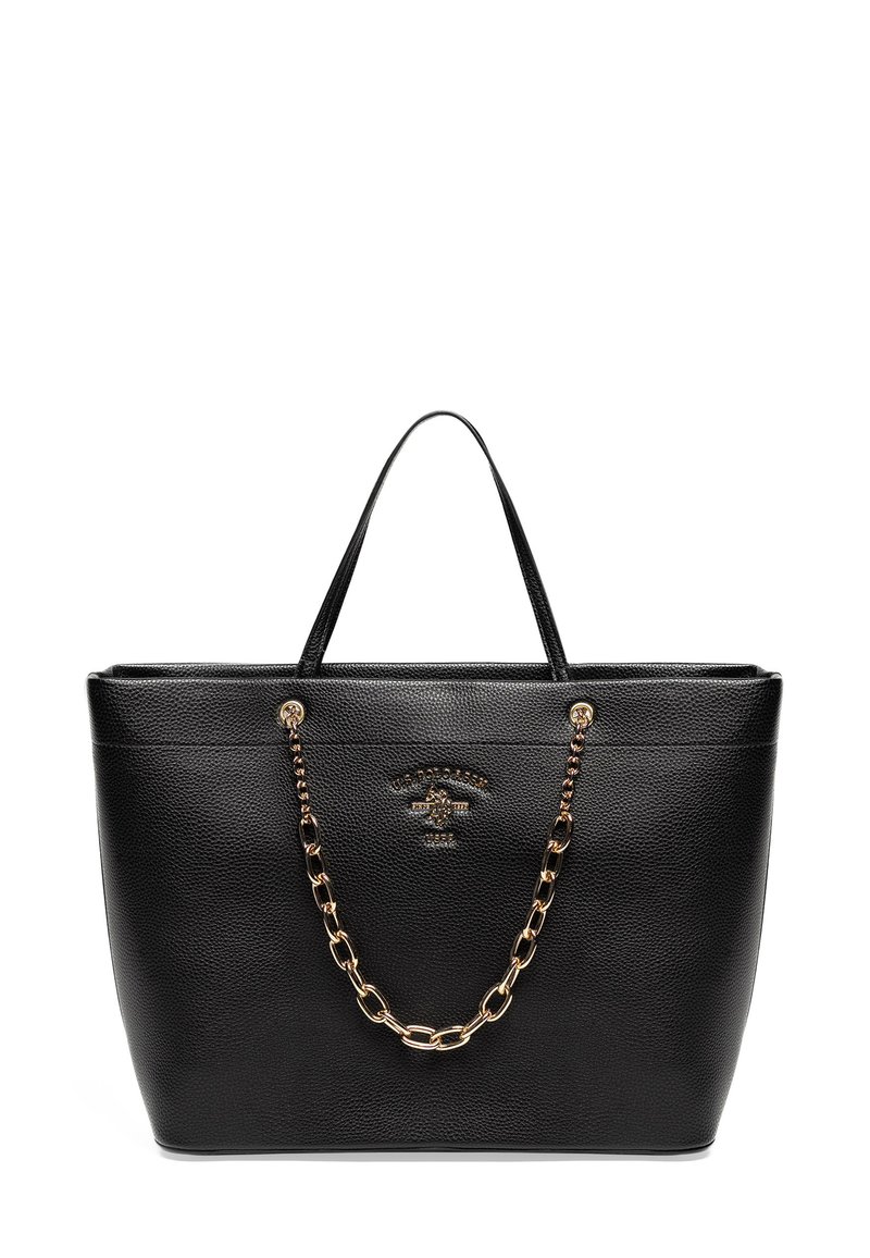 Černá kožená taška typu tote se dvěma držadly a zlatým řetízkovým detailem, na přední střední části je malé zlaté logo.