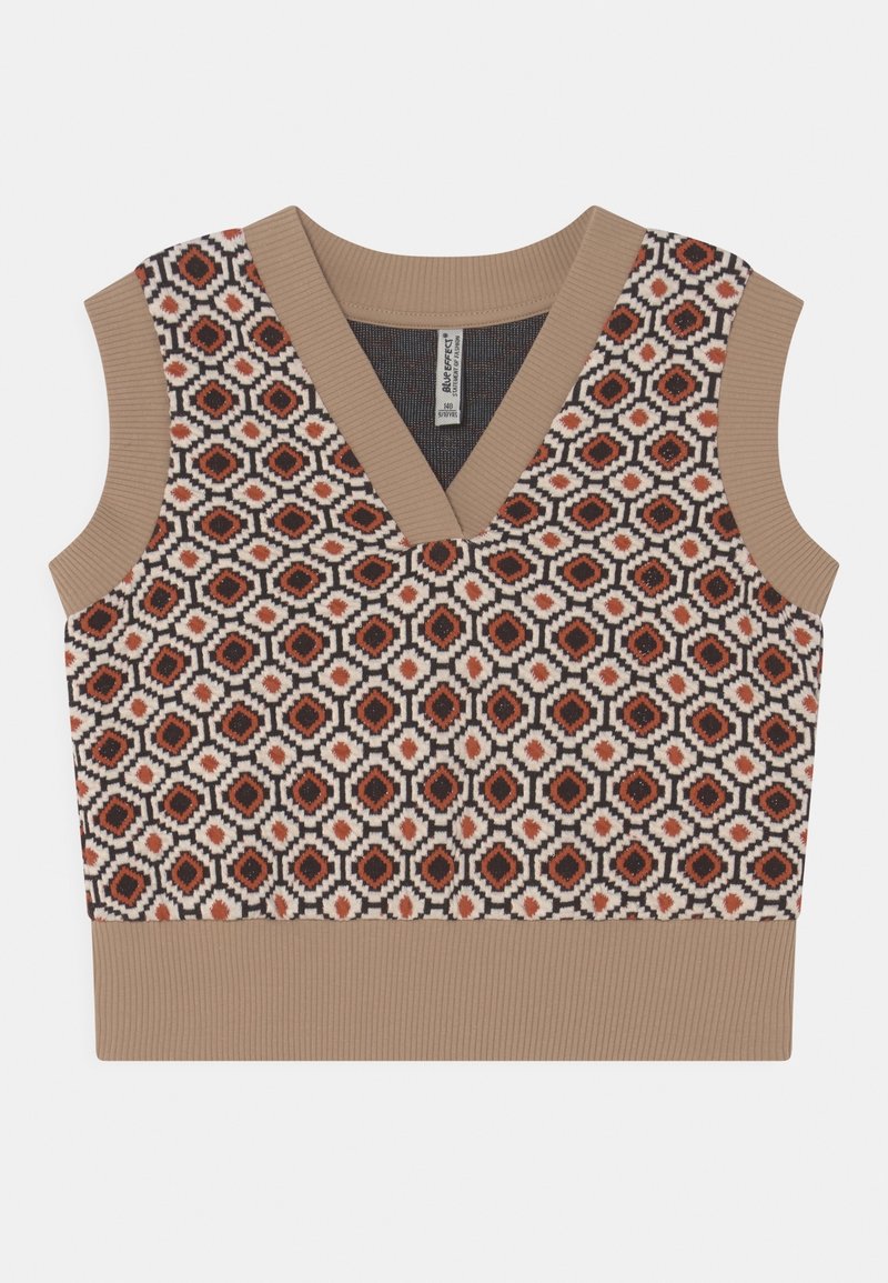 Gilet sans manches en maille cropped avec bordure côtelée beige et motif géométrique en forme de losange dans des tons marron, noir et blanc.