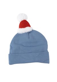 Cappello di maglia blu con un pom-pom rosso e bianco sulla parte superiore, caratterizzato da un design con risvolto e una texture liscia.