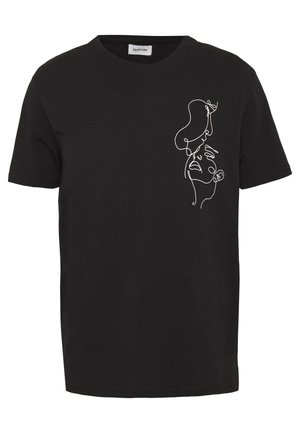 T-shirt en coton noir avec un dessin en contour blanc sur le côté gauche, représentant des figures abstraites aux formes et contours fluides.