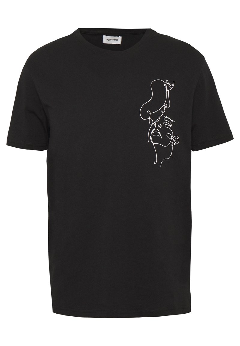 Camiseta de algodón negra con un diseño de dibujo en líneas blancas en el lado izquierdo, que representa figuras abstractas con formas y contornos fluidos.