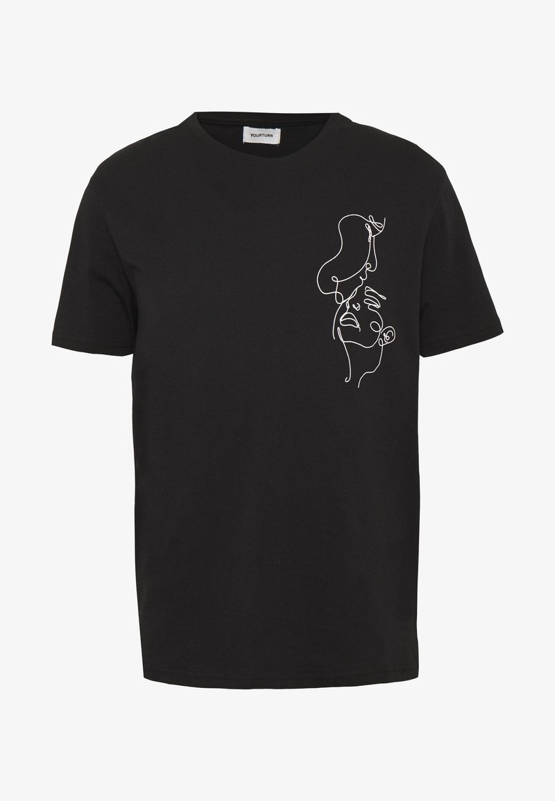 Black cotton t-shirt featuring a white line drawing design on the left side, depicting abstract figures with flowing shapes and contours.
