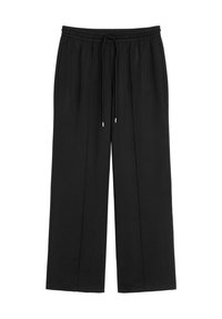 Pantalons larges noirs avec taille élastique et cordon de serrage réglable, dotés de poches latérales et de plis avant nets.