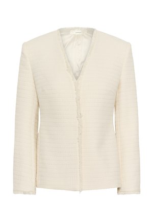 Cremefarbener, strukturierter Damenblazer mit langen Ärmeln, V-Ausschnitt und dezenten Fransen an den Kanten und Manschetten.