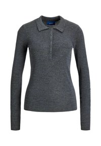 Tmavě šedá pletená polo košile s dlouhým rukávem, límečkem a pěti knoflíky na légu, přiléhavý styl.