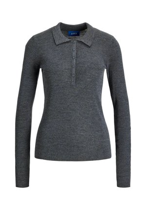 Tumši pelēkā krāsā garām piedurknēm adīta polo krekla ar apkakli un piecām pogām uz pogcauruma, pieguļošais stils.