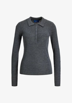Polo de punto de manga larga gris oscuro con cuello y cinco botones en la tapeta, estilo entallado.
