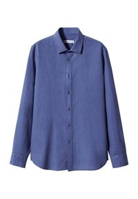 Camicia azzurra a maniche lunghe realizzata in tessuto leggero. Presenta una chiusura con bottoni sul davanti, colletto classico e orlo leggermente arrotondato.