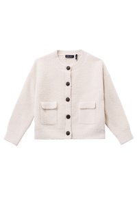 Witte fleece cardigan met een ronde hals, vier grote bruine knopen en twee voorzakken. Zachte textuur en recht gesneden ontwerp.