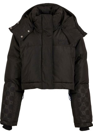 Kurz geschnittene schwarze Daunenjacke mit hohem Kragen, Reißverschluss und geprägten Ärmeln. Verfügt über Druckknöpfe und Logo der Marke.