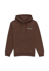 Brown hoodie made of cotton blend material. Features a front kangaroo pocket and drawstring hood. Small "element" logo in green and pink.