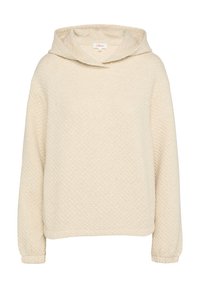 Kremowy, pikowany hoodie z dużym kołnierzem, długimi rękawami i luźnym krojem. Teksturowana tkanina i elastyczne mankiety. Prosty design, bez widocznych wzorów.