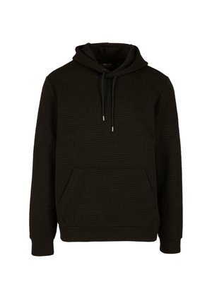 Felpa nera con cappuccio caratterizzata da un motivo geometrico testurizzato, cappuccio con coulisse e tasca frontale. Le maniche e l'orlo a coste aggiungono dettaglio al design.