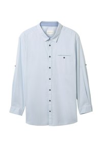 Himmelblaues Hemd mit langen Ärmeln, einer Brusttasche und schwarzen Knöpfen. Aus einem strukturierten Stoff mit klassischem Kragendesign gefertigt.