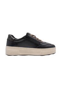 Baskets basses noires avec lacets beige, semelle épaisse beige et détail de fermeture éclair latérale, vues de côté sur fond blanc.