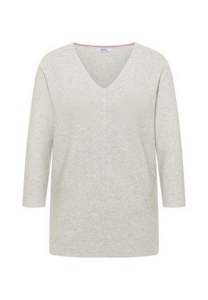 Lichtgrijze V-hals trui met 3/4 mouwen en subtiele horizontale geribbelde textuur, met het label "CECIL" aan de binnenkant van de kraag.
