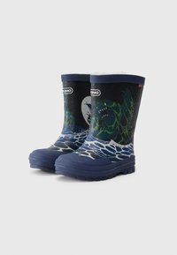 Bottes de pluie de couleur marine avec un graphique d'une créature marine verte et des vagues. Dotées d'une semelle texturée et d'une doublure douce et isolante en haut.
