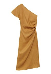 Asymmetrisches One-Shoulder-Kleid aus senfgelbem Stoff, mit Drapierungsdetails und einem seitlichen Schlitz, gefertigt aus leichtem, strukturiertem Material.
