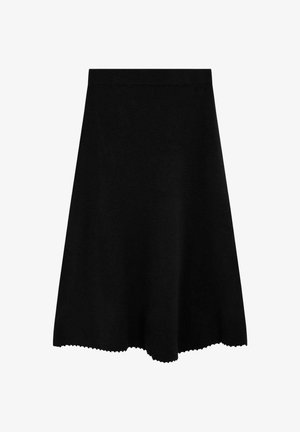 Falda suéter negra con nudos, de forma acampanada y detalle de dobladillo con borde ondulado. Hecha de material suave, adecuada para uso casual.