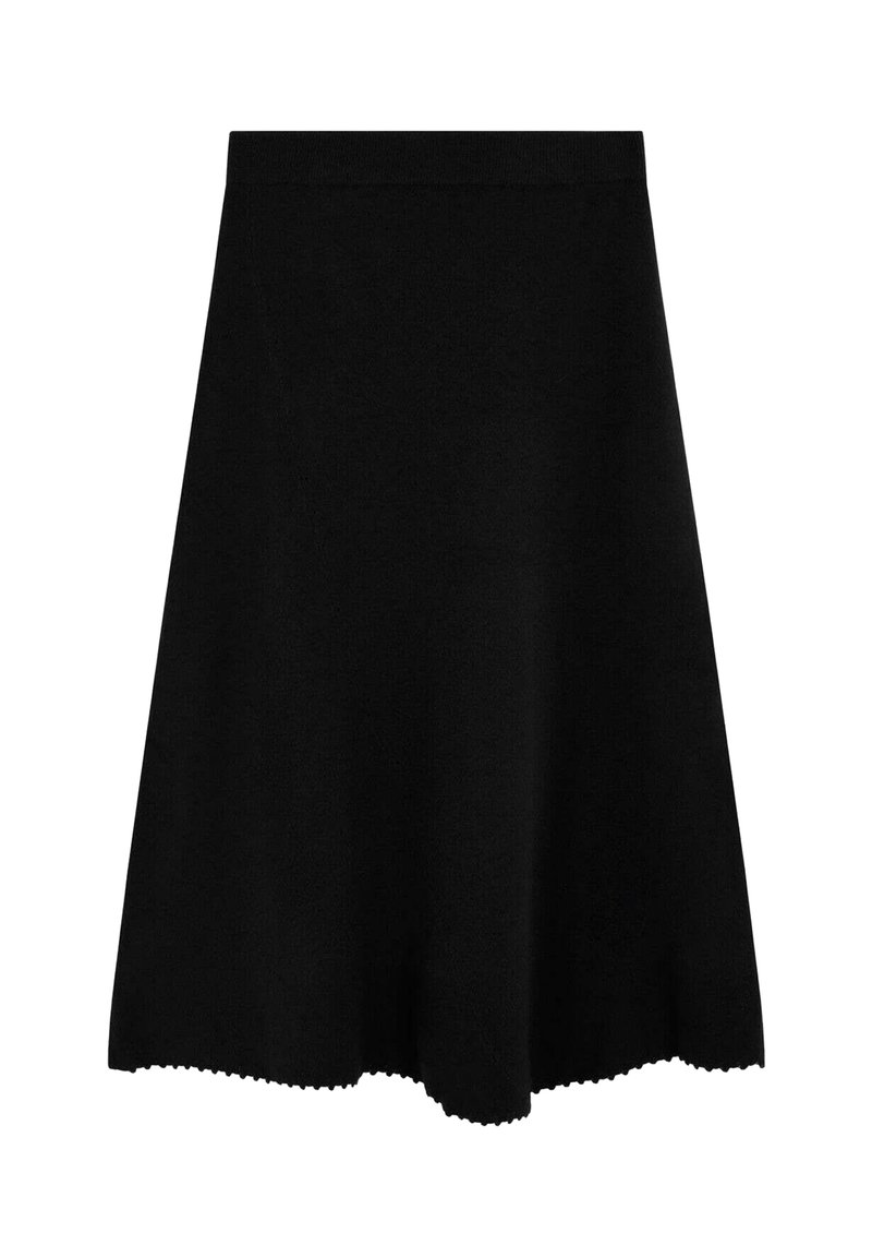 Falda suéter negra con nudos, de forma acampanada y detalle de dobladillo con borde ondulado. Hecha de material suave, adecuada para uso casual.