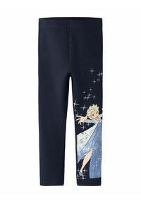 Legíny v námorníckej modrej bavlne s ilustráciou postavy v svetlomodrom šate, ozdobenom striebornými hviezdami.