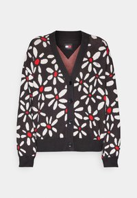 Black cardigan with white and red floral pattern, featuring a V-neck, button closure, and ribbed cuffs. Made from soft knit material.