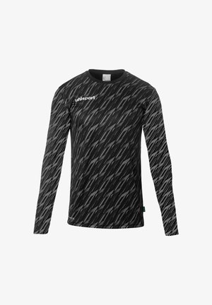 Langærmet sort sportsbluse med diagonale grå mønstre. Har en rund halsudskæring og "uhlsport"-logoen på forsiden. Struktureret stof.