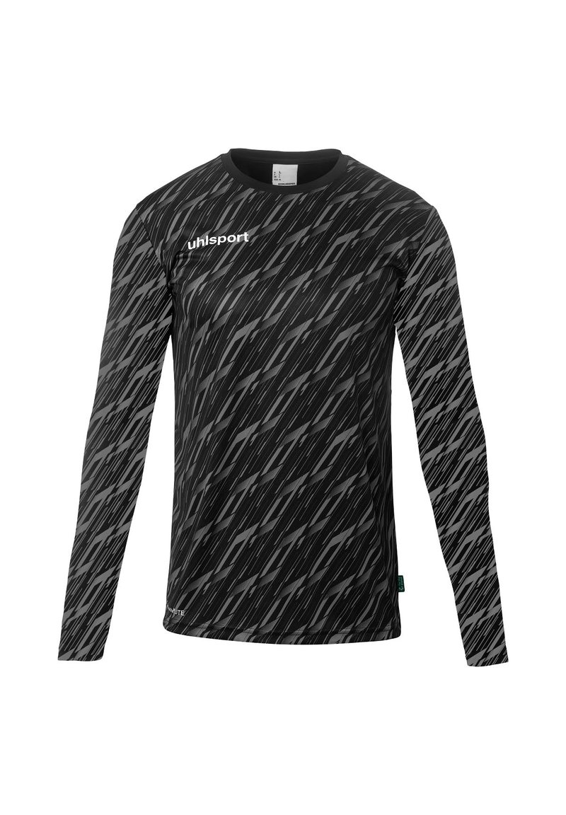 Langærmet sort sportsbluse med diagonale grå mønstre. Har en rund halsudskæring og "uhlsport"-logoen på forsiden. Struktureret stof.