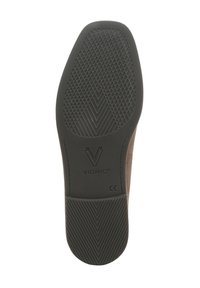 Vionic schoenzool, met een gepatterneerde zwarte rubberen materiaal, een gestructureerd oppervlak en een logo "V" in het midden. Gebogen vorm voor comfort.