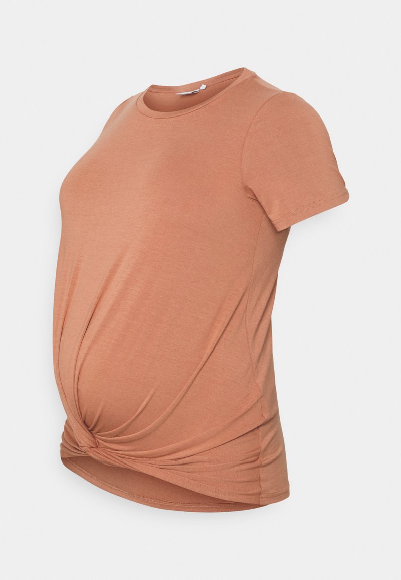 T-shirt de maternidade em rosa empoeirado, mangas curtas, decote redondo, com detalhe em nó na cintura, feito de um tecido macio e elástico.