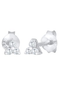 Silverfärgade studs med tre klara, runda kristaller i en triangulär formation och en liten kuldetalj i mitten.