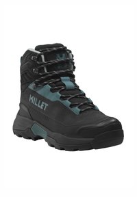 Botte de randonnée noire avec des accents en turquoise, fabriquée en daim et en matériaux synthétiques, dotée d'un col matelassé, d'une semelle durable et d'un embout renforcé.