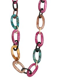 Ketting van schakels met grote, ovale schakels in roze, teal, bruin en zwart, met een glanzende afwerking en gouden accenten.