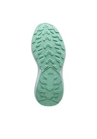 Suela de un zapato deportivo verde menta con ranuras profundas y logo HH en el centro, diseñado para tracción y uso al aire libre.