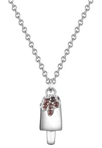 Sølv halskæde med en popsicle-formet vedhæng, der har brune og klare sten, der skal illustrere smeltet is på toppen, glat tekstur.