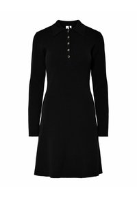 Abito lungo nero a maniche lunghe con texture a coste, colletto polo e apertura con bottoni caratterizzata da sei bottoni metallici. Leggero svaso all'orlo.