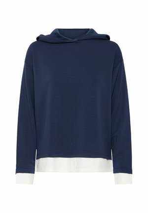 Marineblauwe hoodie met lange mouwen, witte zoom en manchetten, gemaakt van een zachte stof, met een relaxte pasvorm en een minimaal ontwerp.