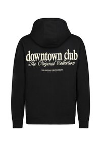 Schwarzer Kapuzenpullover mit einem großen gedruckten Grafikmotiv auf der Rückseite und Text. Das Material wirkt weich und strukturiert, mit einer standardmäßigen Kapuze und gerippten Bündchen.
