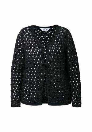 Black knitted cardigan with openwork design, featuring a V-neck, front ties, and textured patterns throughout. Designed for a relaxed fit.