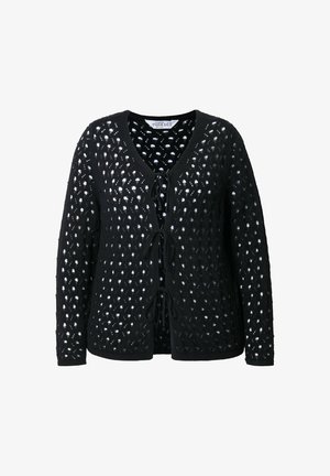 Sort strikket cardigan med hulmønster, der har V-hals, frontbindinger og strukturerede mønstre hele vejen igennem. Designet til en afslappet pasform.
