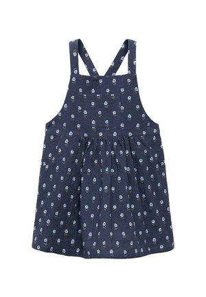 Abito senza maniche blu navy con gonna arricciata, motivo floreale e tasca frontale. Realizzato in tessuto morbido con spalline regolabili.