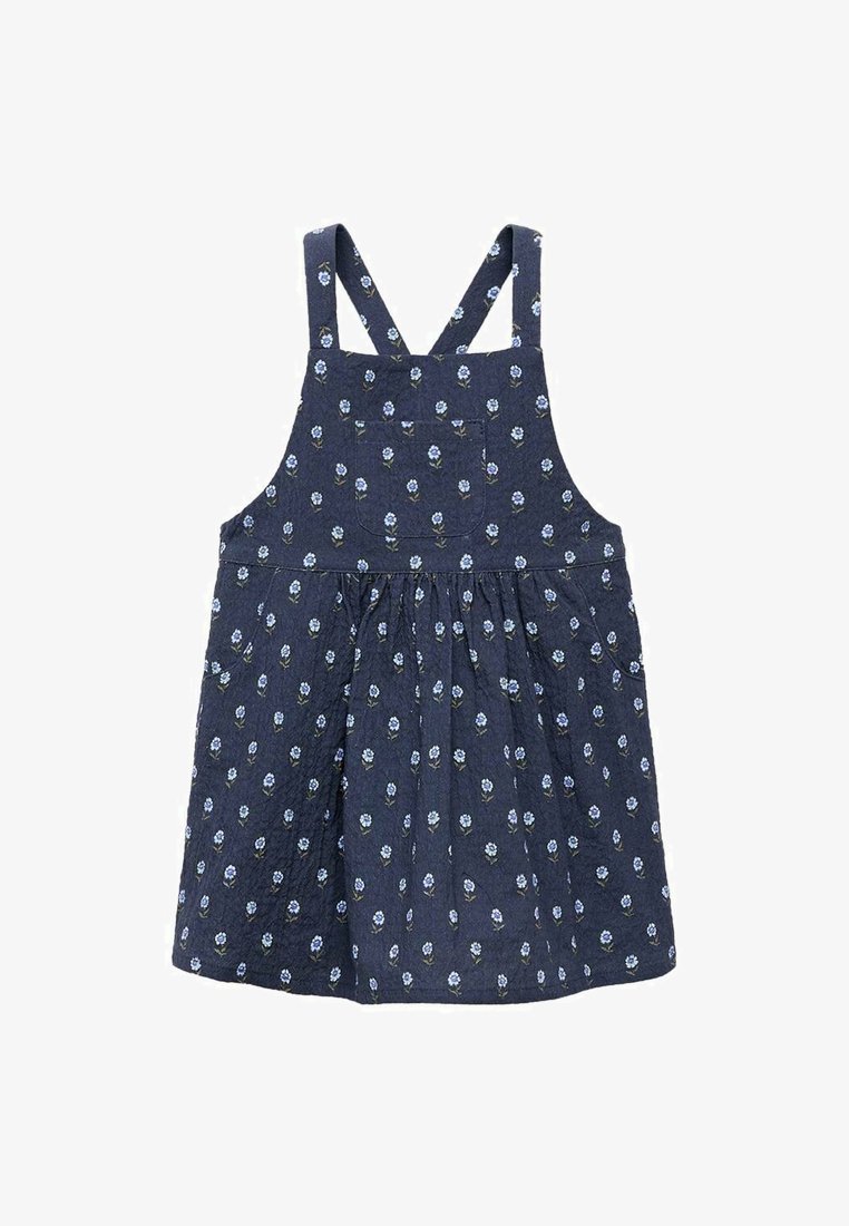 Tamnoplava haljina bez rukava s naboranom suknjom, cvjetnim uzorkom i prednjim džepom. Izrađena od mekog materijala s podesivim naramenicama.