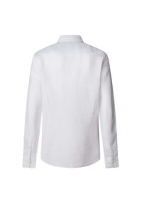White long-sleeve shirt in linen fabric with a classic collar, button cuffs, and a curved hem. Features a smooth, textured surface.