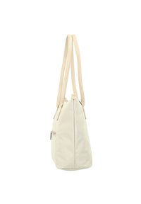 Borsa tote beige realizzata in tessuto con doppie maniglie in pelle, forma angolare, tasca con zip sul lato e dettagli di cucitura pulita.
